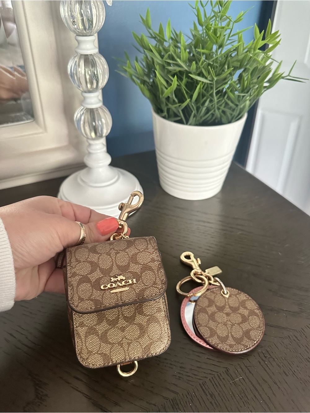 Coach Accessory Bundle - Brown Signature AirPod case & Pink leather mirror! - Picture 2 of 4